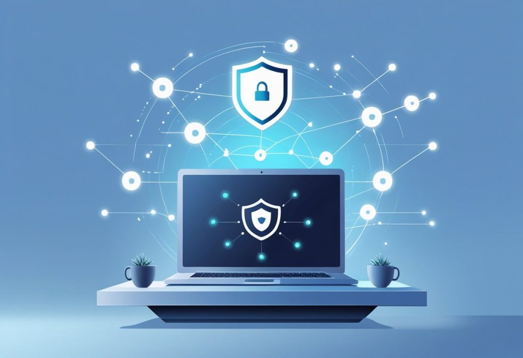 A laptop on a desk with a shield icon above it and glowing network lines around, symbolizing secure and safe internet access.