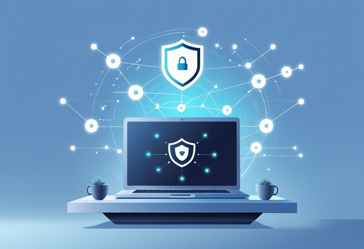 A laptop on a desk with a shield icon above it and glowing network lines around, symbolizing secure and safe internet access.