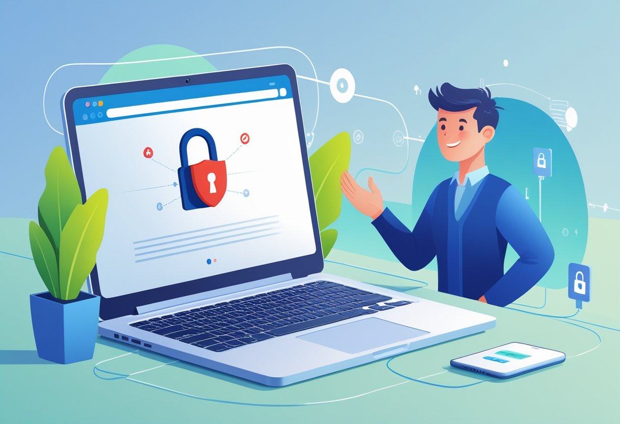 A person using a laptop showing a locked website icon, symbolizing blocked internet access and safe unblocking.