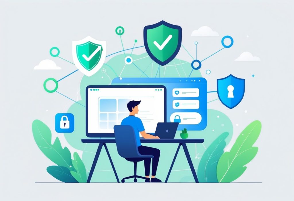 A person at a desk using a laptop surrounded by symbols of internet security like a shield and padlock, representing safe and secure online access.