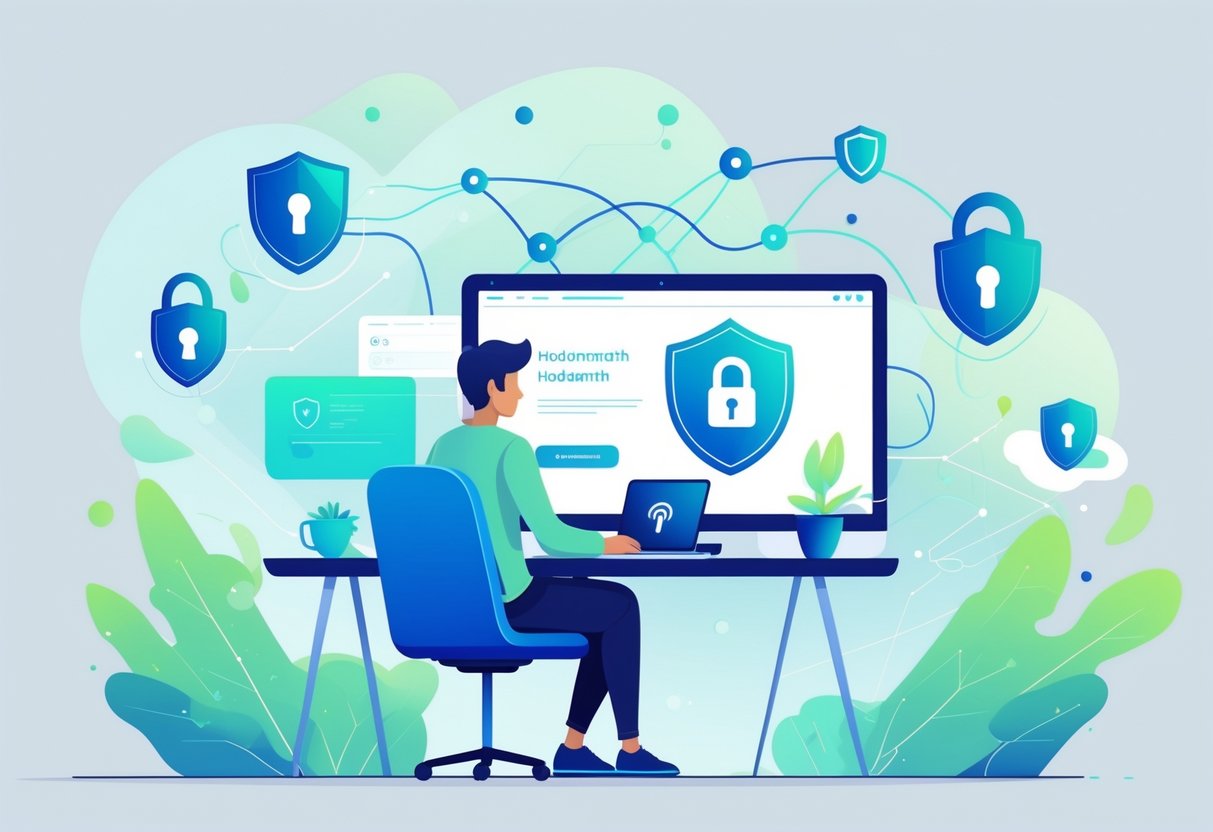 A person using a laptop with symbols of internet security and unlocked padlocks around them, representing safe access to a blocked website.