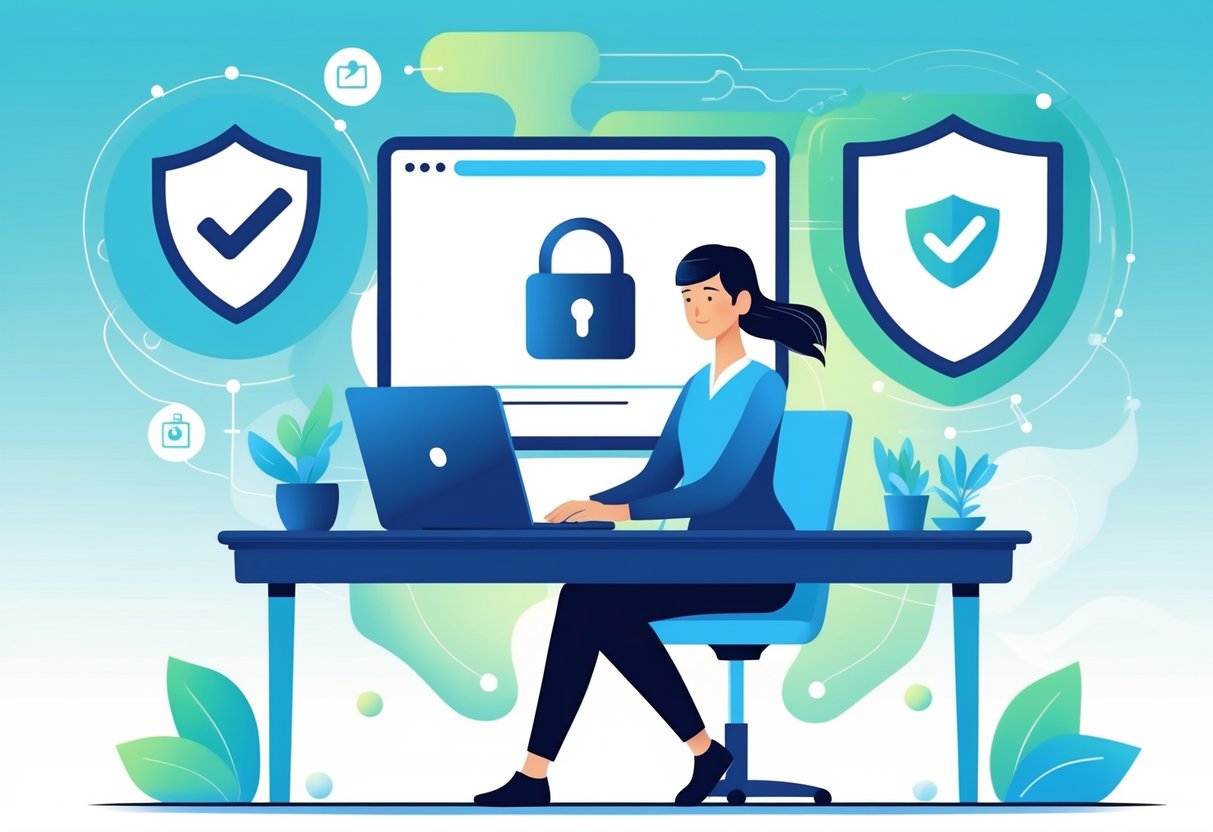 A person sitting at a desk using a laptop with symbols of internet security like a shield, padlock, and network icons around them.
