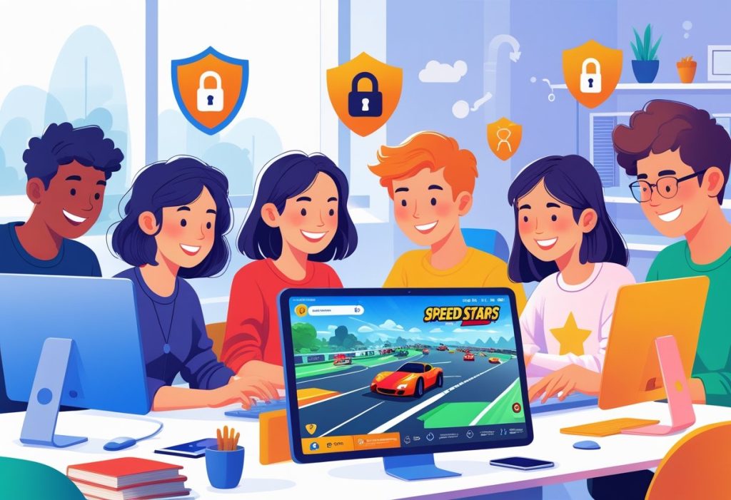 A group of young people playing a colorful online racing game together in a bright room with symbols representing internet safety.