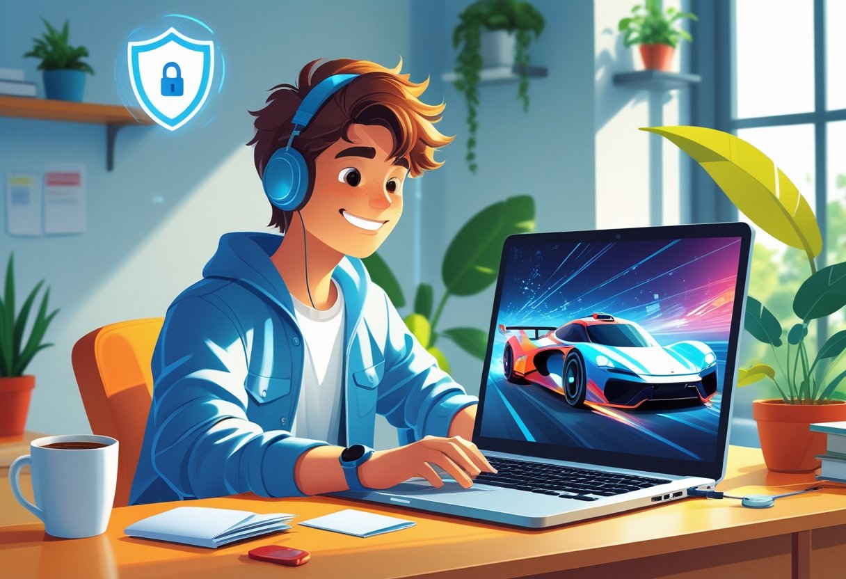 A person playing an online racing game on a laptop in a bright, tidy room with symbols representing internet safety around them.