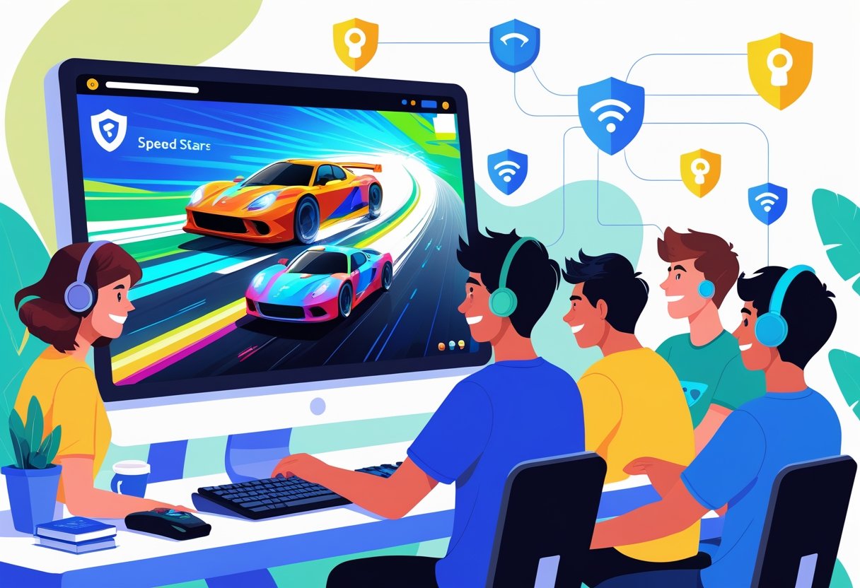 A group of young adults playing a colorful racing game on a computer in a safe and secure environment with symbols of cybersecurity around them.