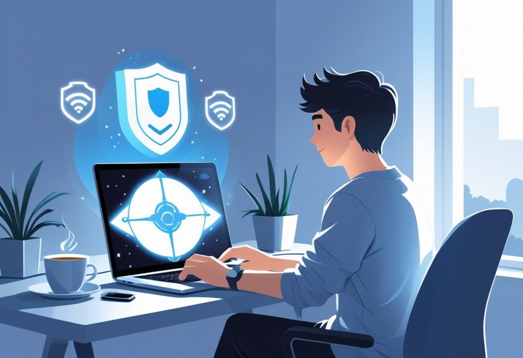 A person sitting at a desk using a laptop to play an online game with symbols representing internet safety around the device.