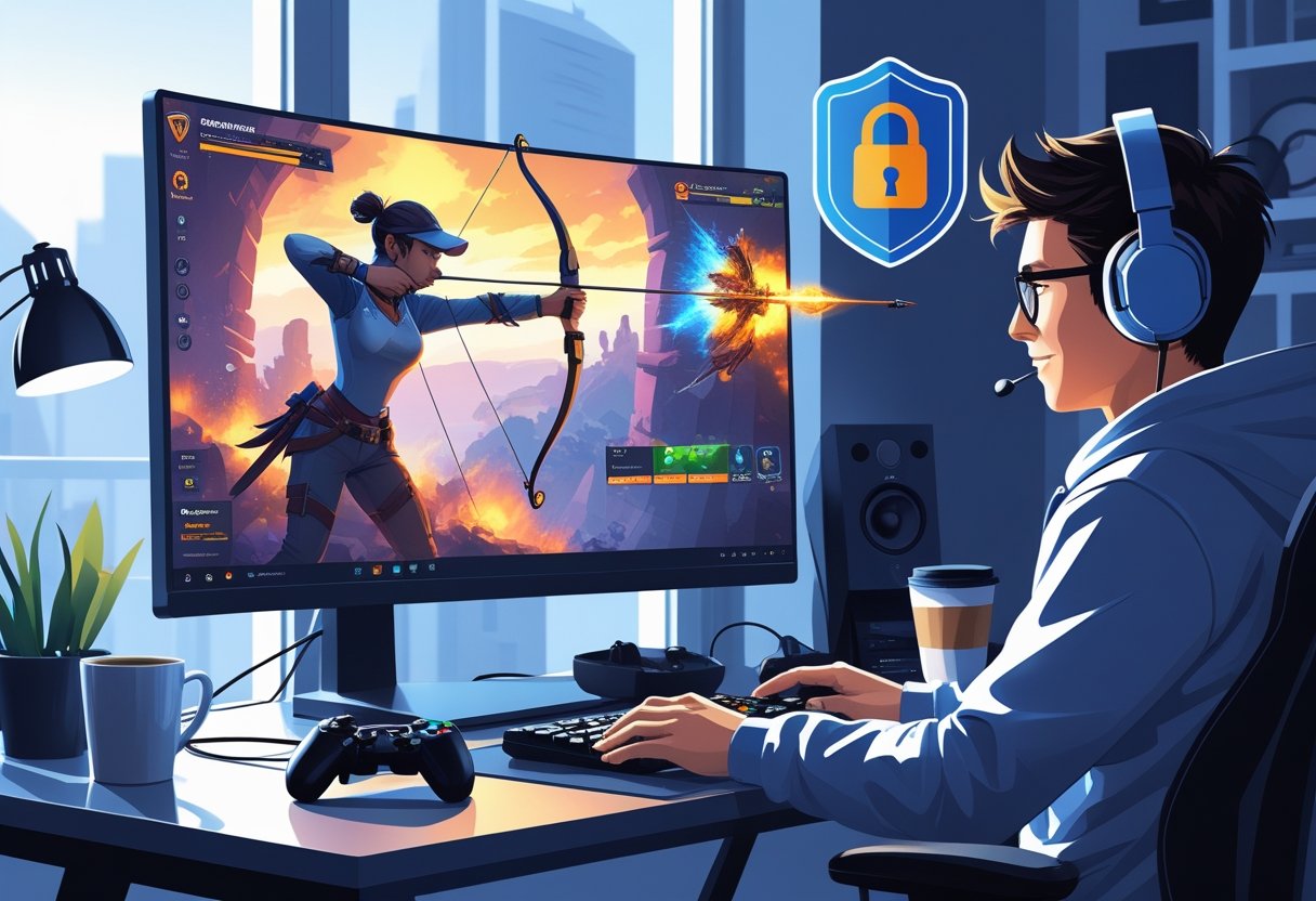 A person playing an action game on a computer while using a secure VPN to access the game safely.