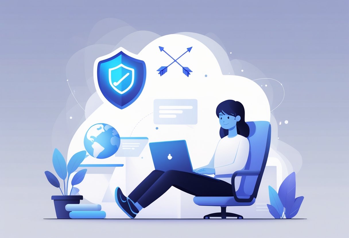 A person sitting at a desk using a laptop with symbols representing online safety and gaming around them.