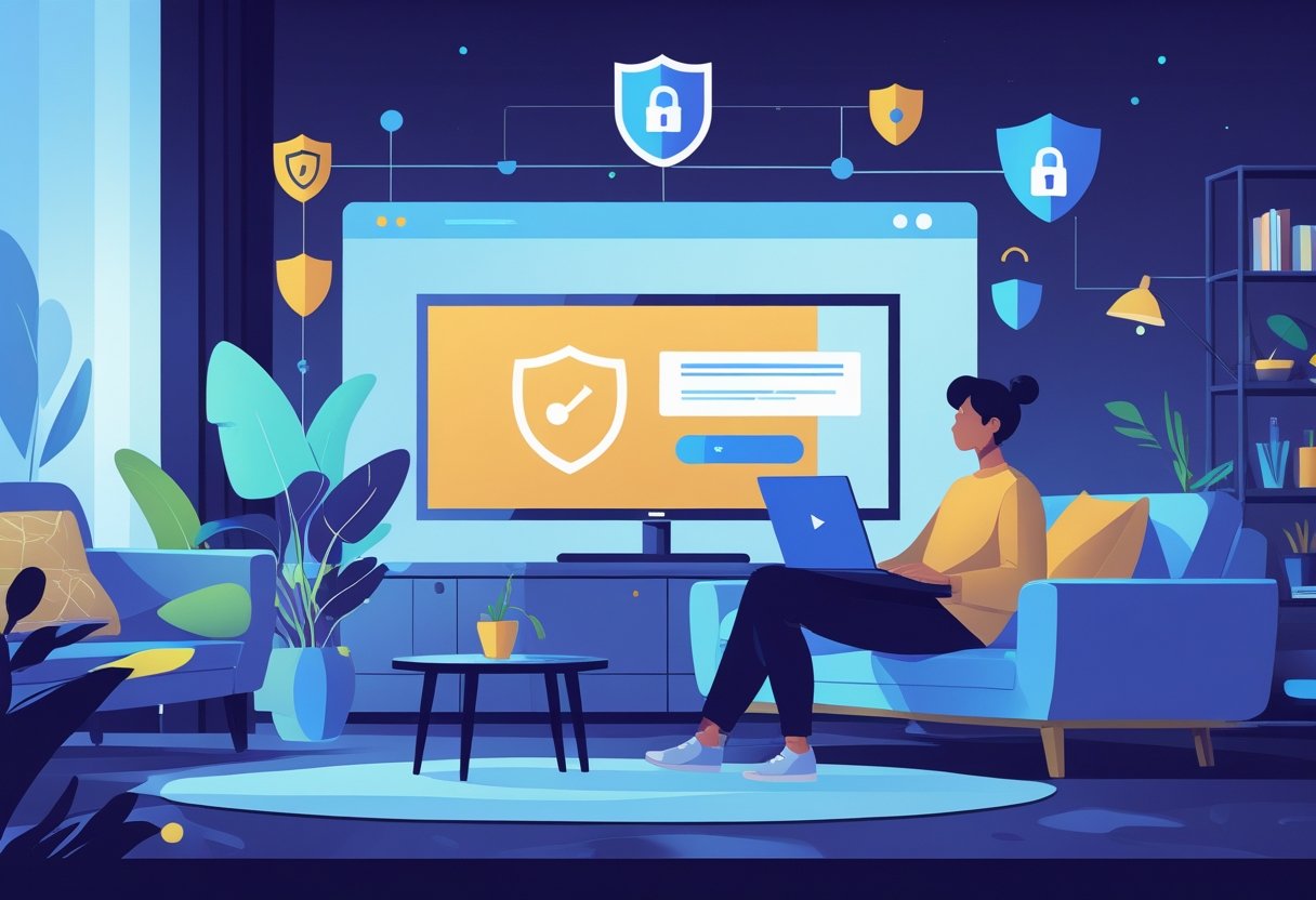A person sitting on a sofa watching a movie on a TV in a living room with security icons symbolizing online safety.