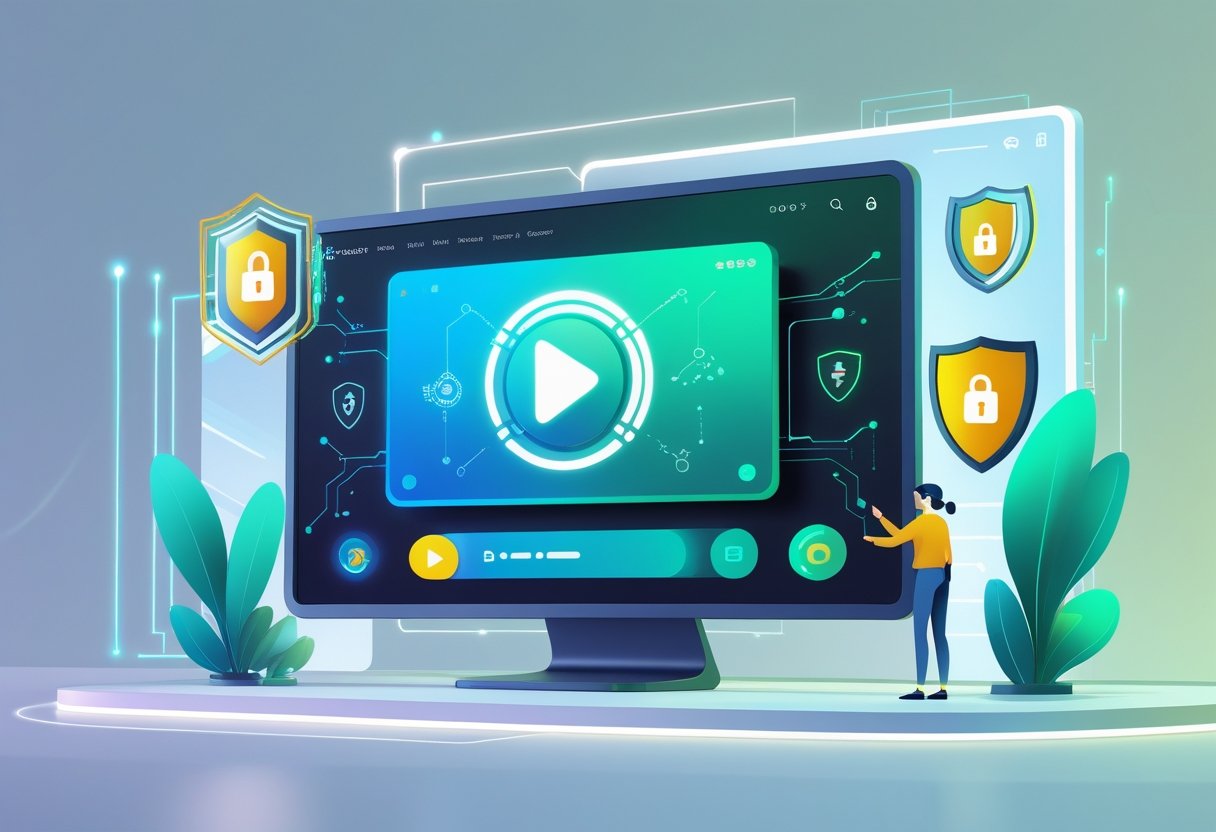 A person using a computer with a streaming interface on the screen, surrounded by symbols of security like a shield and padlock, representing safe and secure streaming.