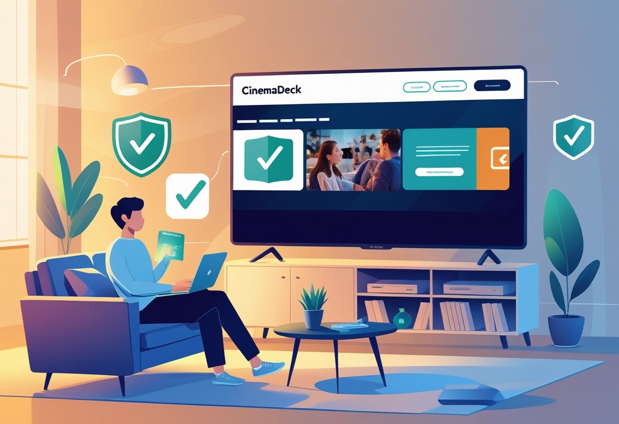 A person sitting on a couch in a living room watching a movie on a large TV, with icons representing online safety and security nearby.