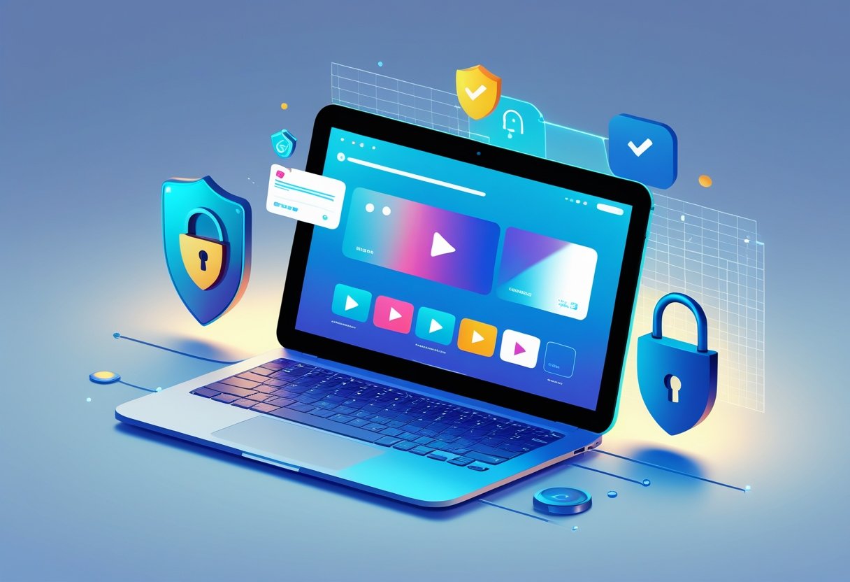 A laptop displaying a streaming interface surrounded by symbols of security like a shield, lock, and network grid, representing safe online streaming.