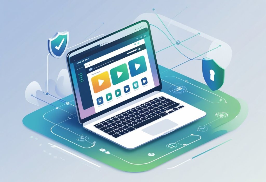 A digital device showing a video streaming interface surrounded by symbols of security like a shield and padlock, set against a background suggesting connectivity.