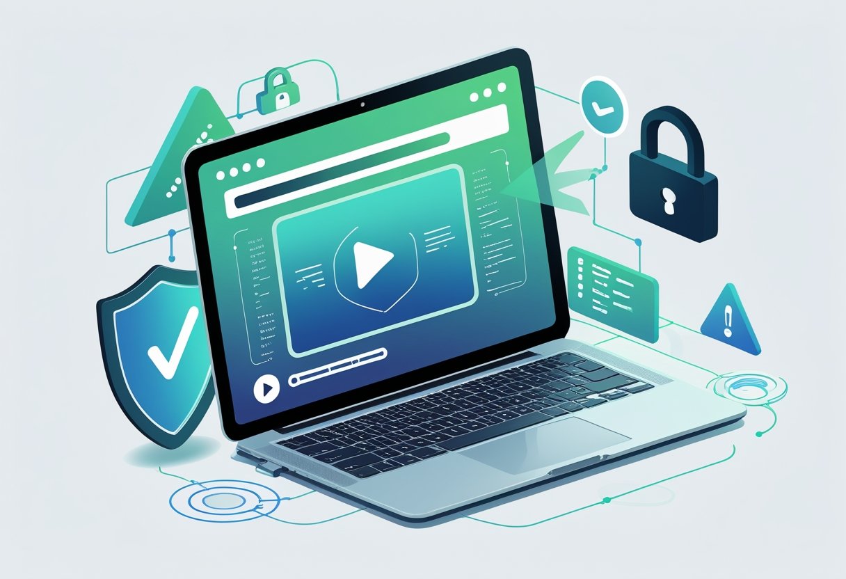 A laptop showing a streaming interface surrounded by icons representing security and data flow, symbolizing safe and reliable digital streaming.