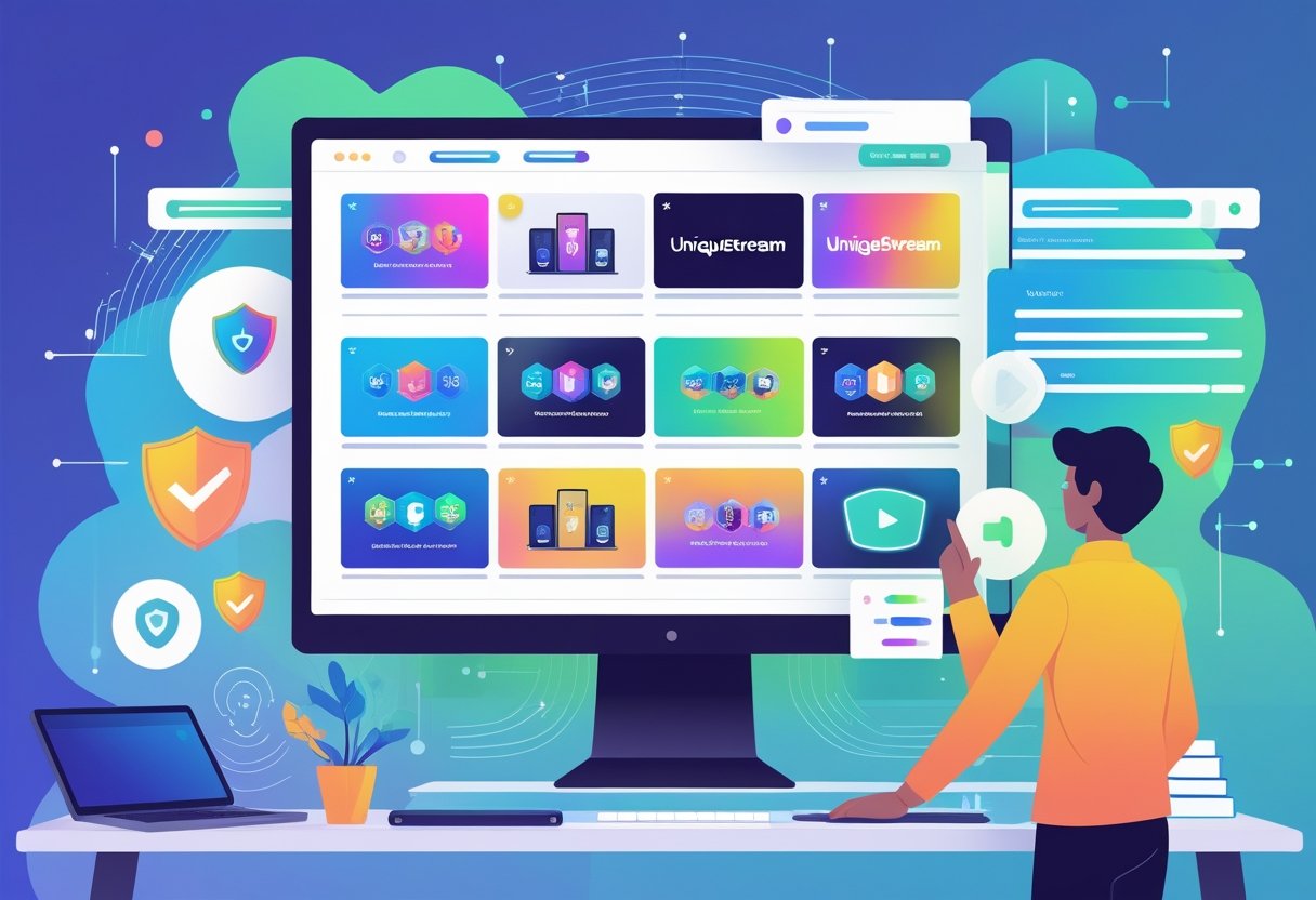 A person using a computer to browse a streaming platform with various streaming options and security icons visible.