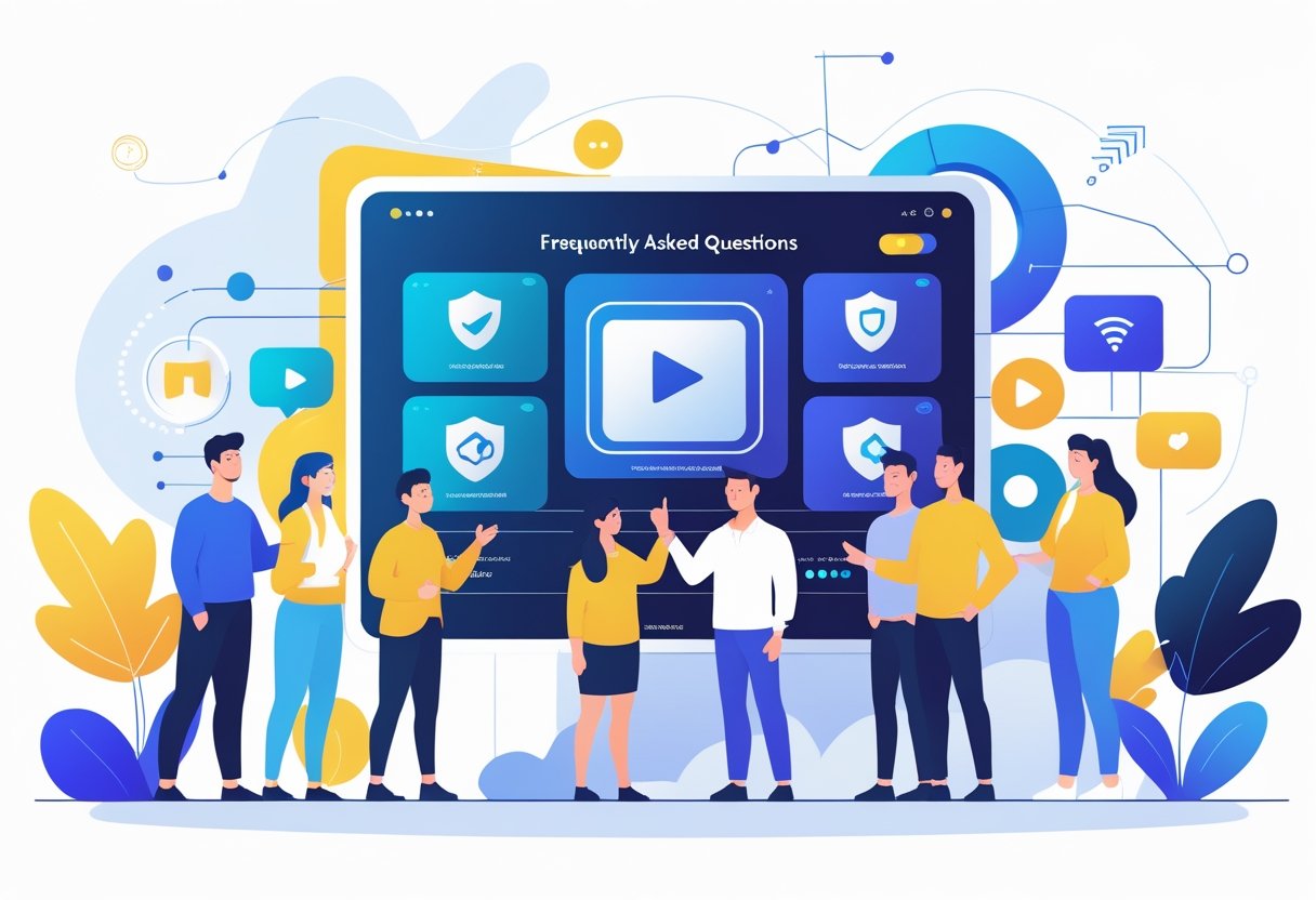 People gathered around a large touchscreen interface showing icons for safety and streaming, in a bright, modern tech environment.