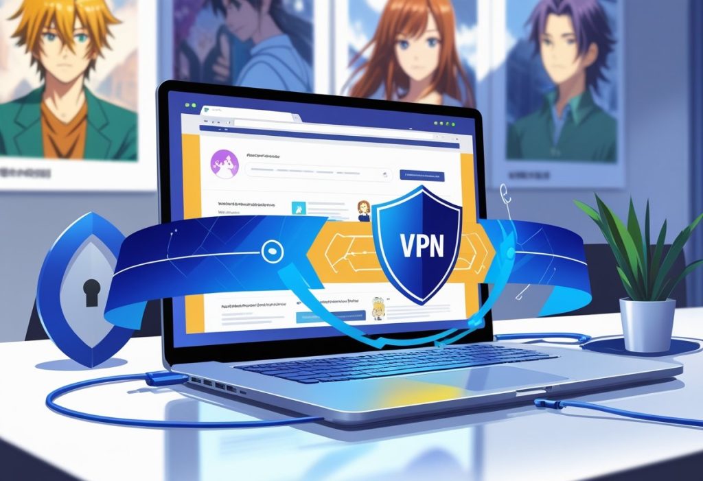 A workspace with a laptop showing an anime streaming website and visual symbols representing internet security and VPN protection.