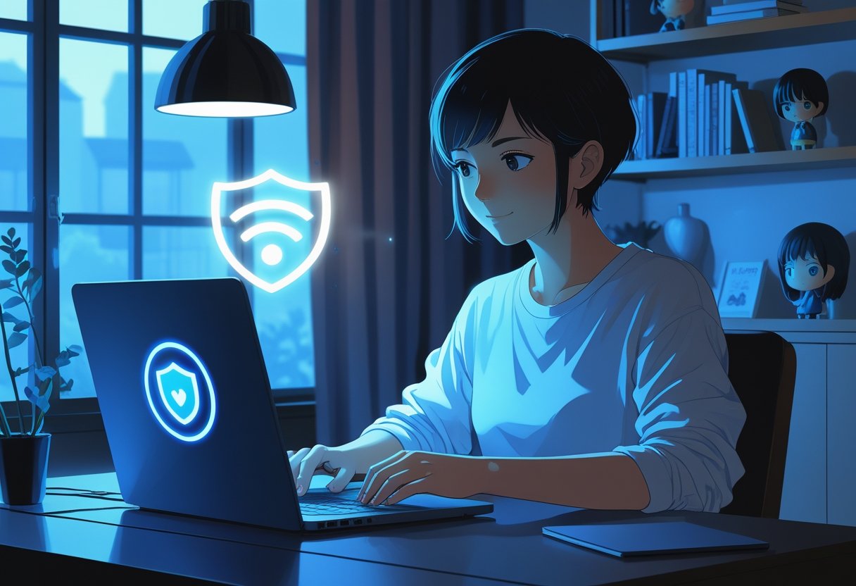 A person using a laptop at a desk with symbols representing online safety and privacy, surrounded by anime figurines in a cozy room.
