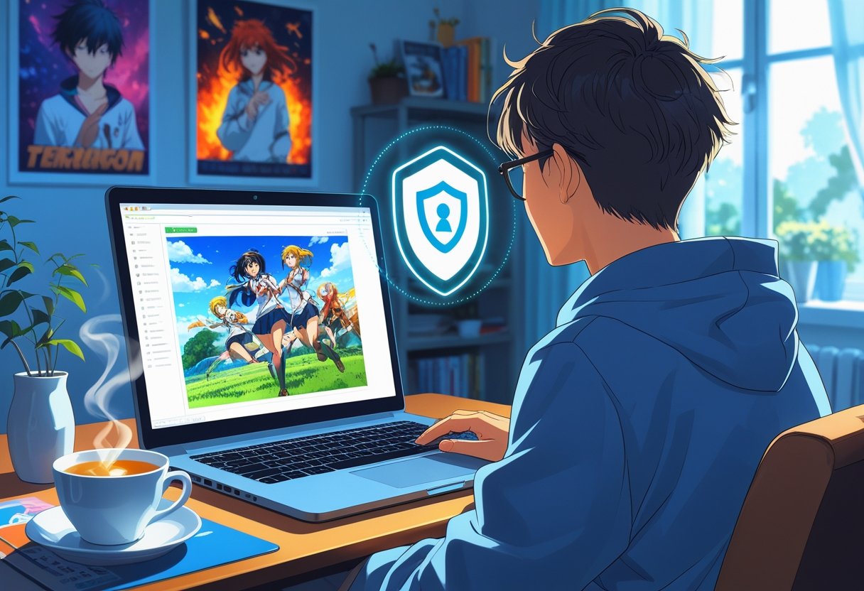 A person watching anime on a laptop at home with a VPN shield icon on the screen, surrounded by anime posters and a cup of tea.