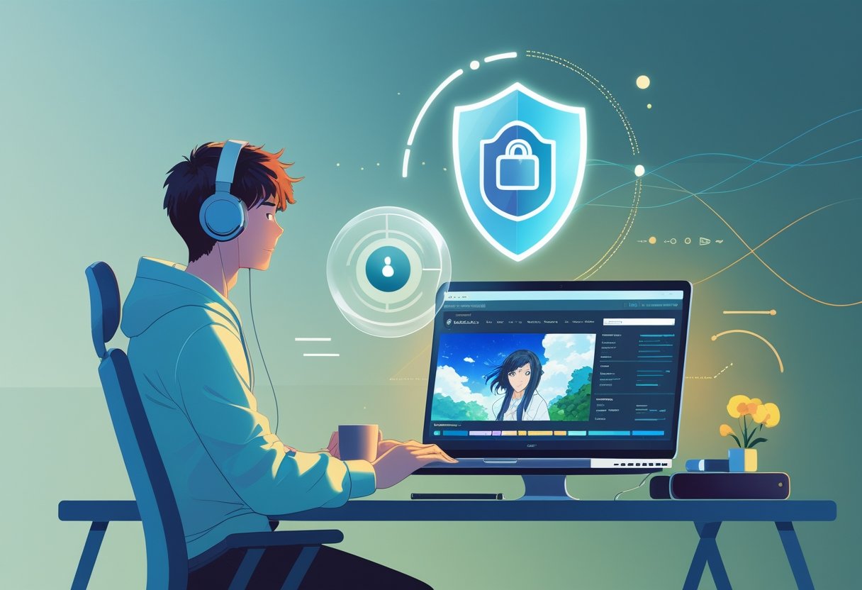 A person watching anime on a laptop with a protective shield and VPN symbol nearby, surrounded by abstract digital elements representing internet security.