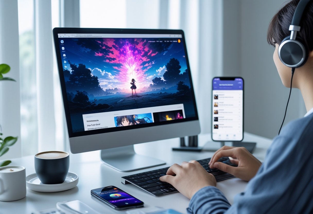 A person typing on a laptop showing an anime scene, surrounded by headphones and a smartphone on a clean desk.