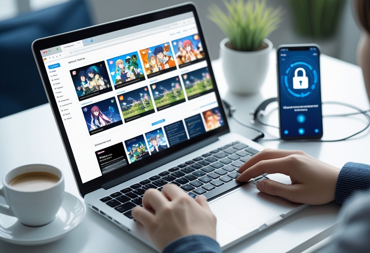 A person typing on a laptop at a clean desk with anime images on the screen and a smartphone showing a security icon nearby.