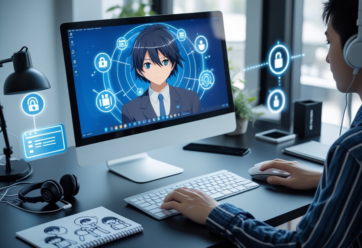 A person using a desktop computer showing an anime character on the screen, with hands on the keyboard and mouse, surrounded by headphones, a smartphone, and a notepad with anime sketches on a clean desk.