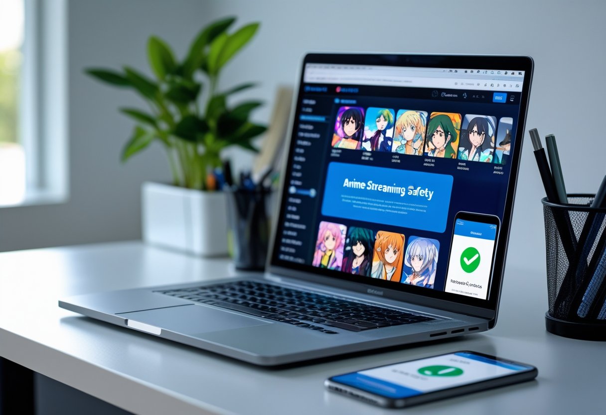 A laptop and smartphone on a desk showing anime streaming and security app icons, with a plant and office supplies in the background.