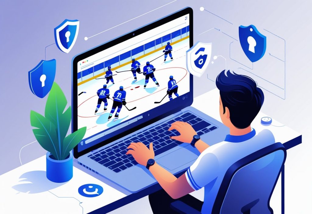 A person watching a live hockey game on a laptop with symbols representing online safety around them.