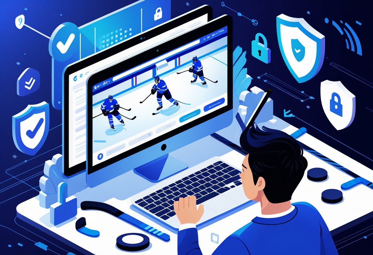 A person watching a live hockey game on a computer screen surrounded by symbols of online security and trust, with hockey elements like sticks and a puck in the background.