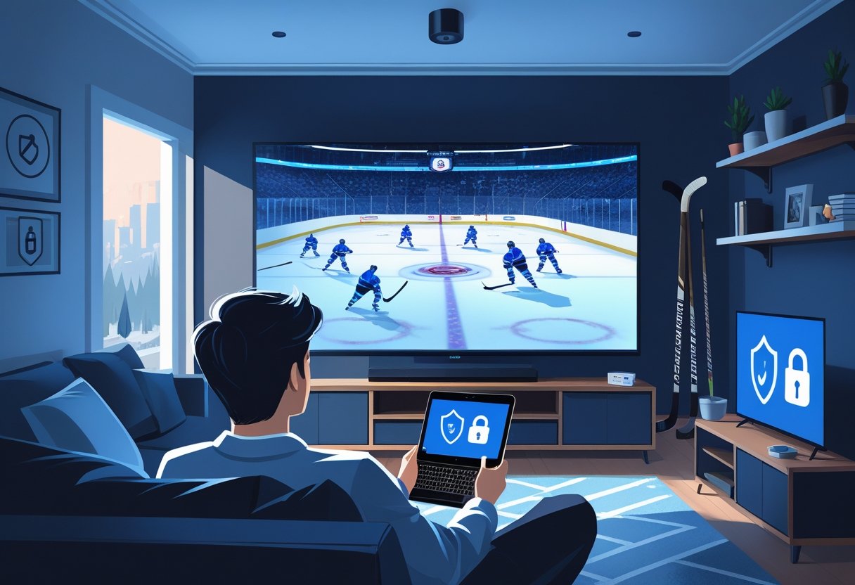 A person watching a live hockey game on a large screen in a living room with devices showing security icons, surrounded by hockey-themed items.