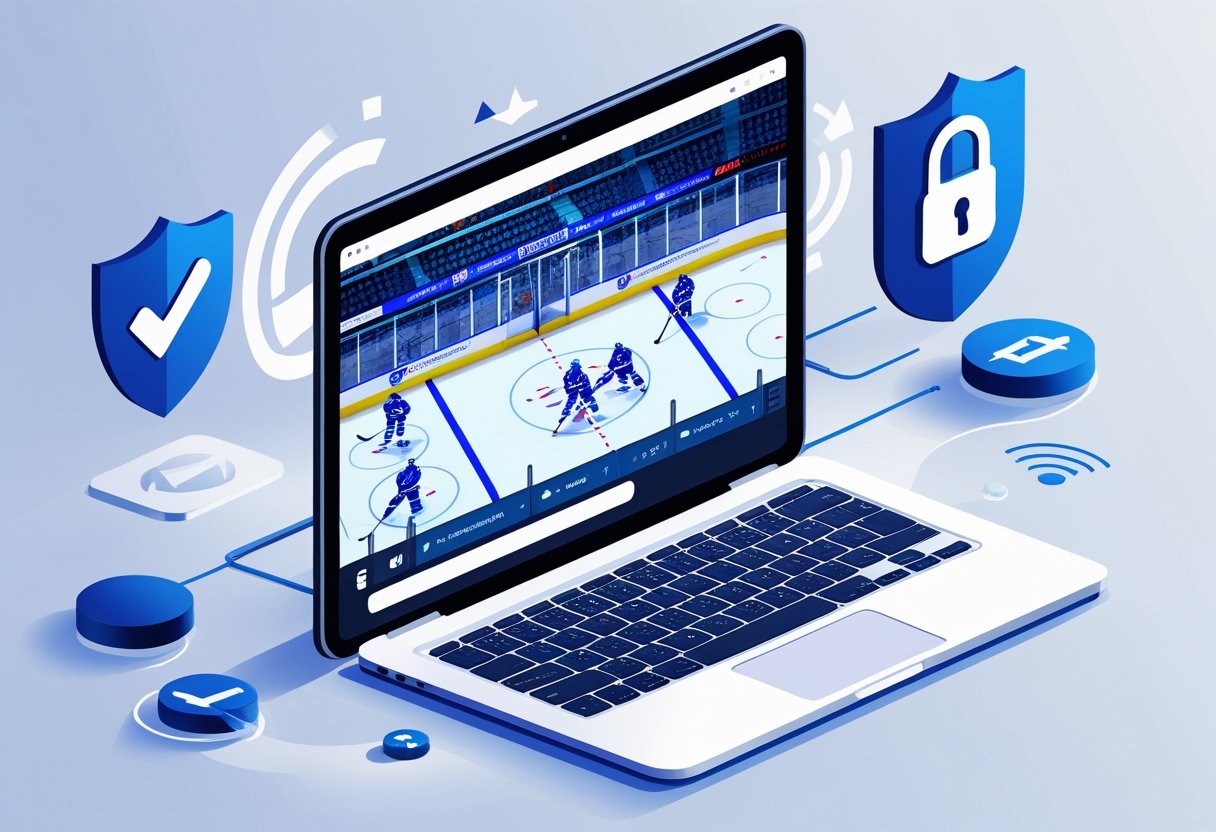 A computer screen showing a live hockey game with icons representing online safety like a shield, padlock, and secure network signals around it.