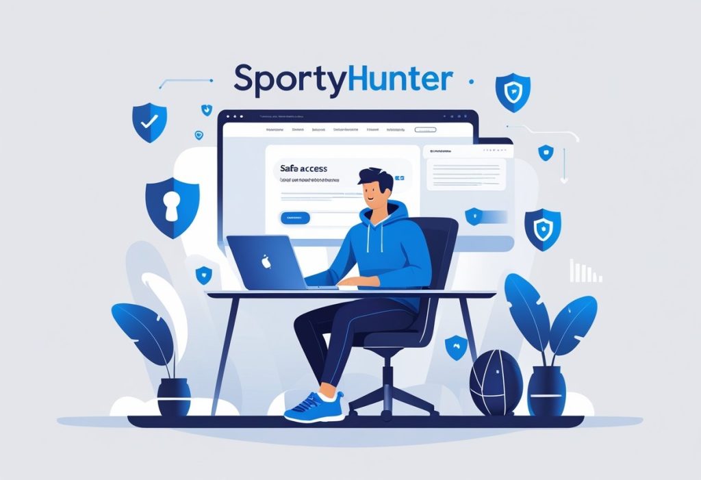 A person sitting at a desk using a laptop surrounded by icons representing online security and sports equipment.