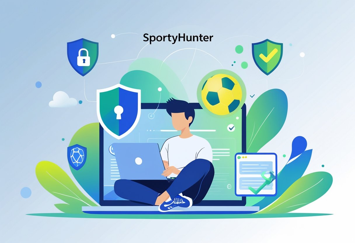 A person using a laptop surrounded by security icons and sports symbols representing safe access to an online sports platform.