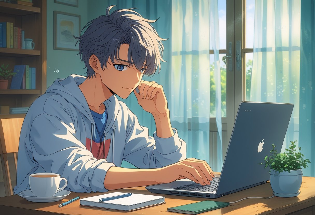 A young adult sitting at a desk using a laptop in a cozy room with soft daylight coming through a window.