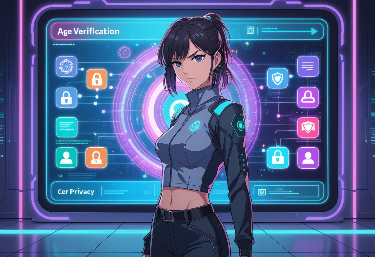A young woman stands confidently in a high-tech room with glowing holographic screens displaying security and privacy icons.