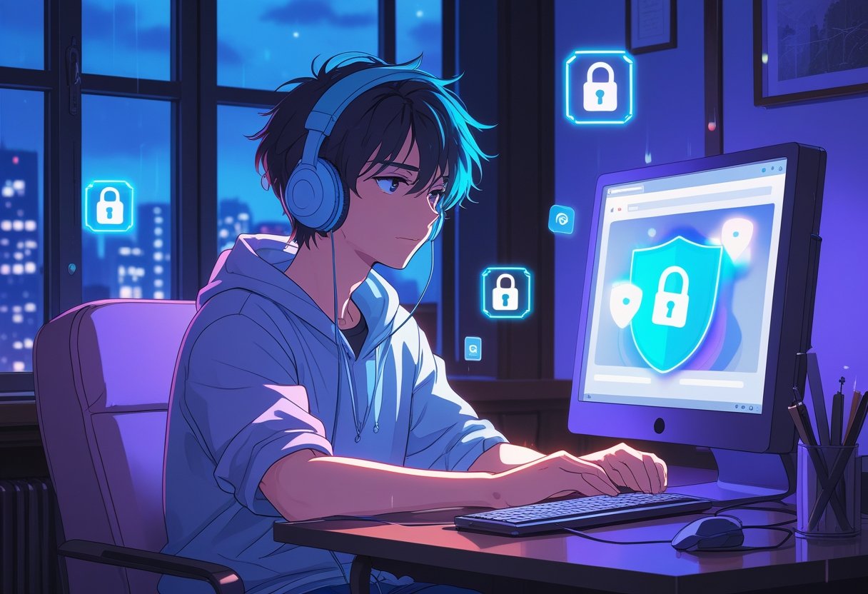 A young person sitting at a computer desk in a softly lit room, focused on the screen with floating icons of locks and shields around them, suggesting online privacy and safety.