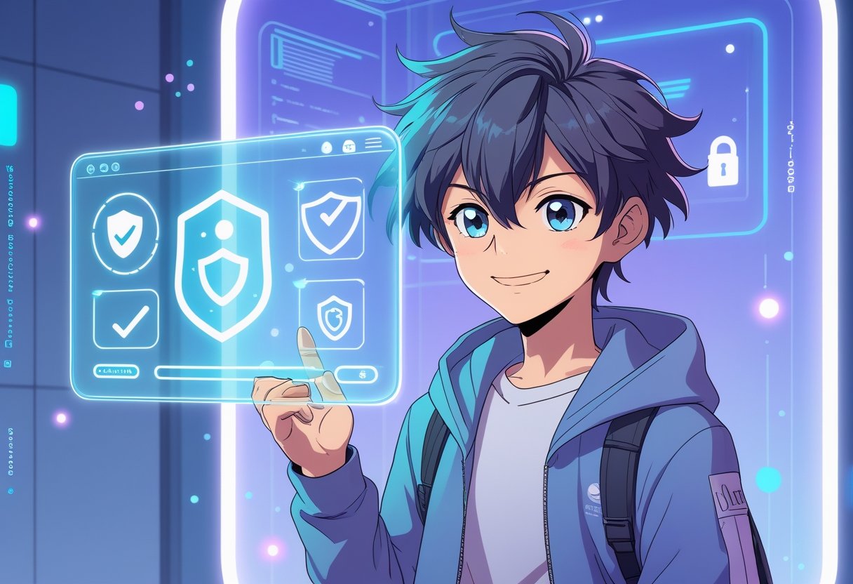 A young person holding a glowing holographic screen with security icons in a bright, futuristic digital environment.
