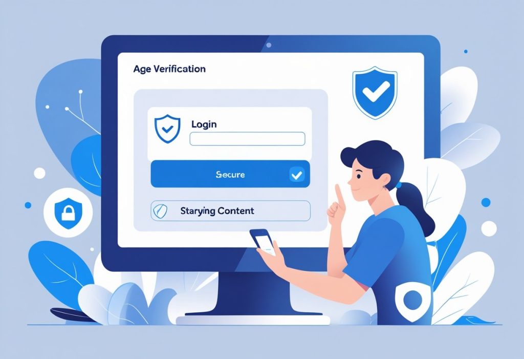 A person using a computer with a secure login screen showing verification icons, surrounded by symbols of privacy and safety.