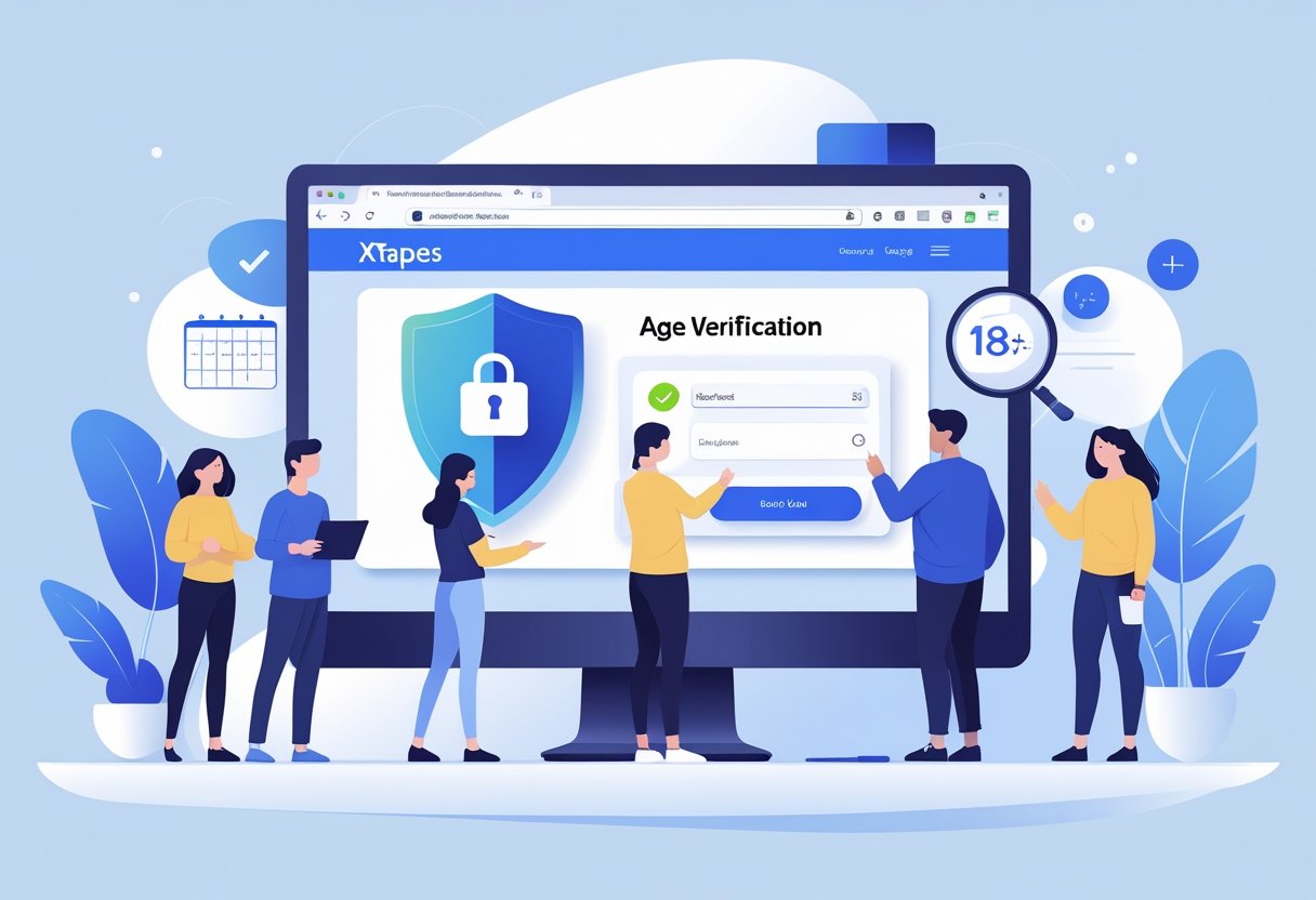 A computer screen showing a secure age verification form with icons of a shield and checkmark, surrounded by diverse people engaging responsibly.