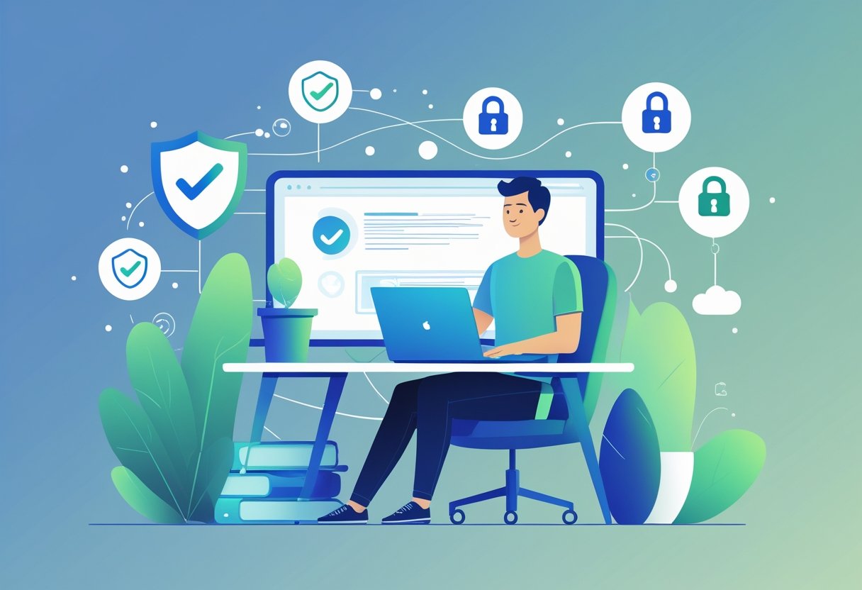 A person sitting at a desk using a laptop surrounded by symbols of online security and privacy like shields and locks.