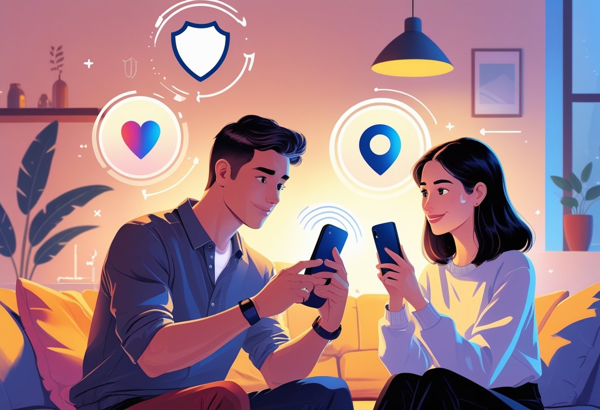 A young man and woman using smartphones in a living room, with icons of a shield, heart, and map pin floating nearby to represent safety and connection.