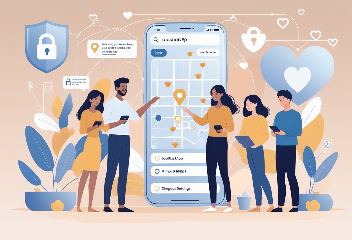 People using smartphones and tablets to safely change their location settings on a dating app, with symbols of security and connection around them.