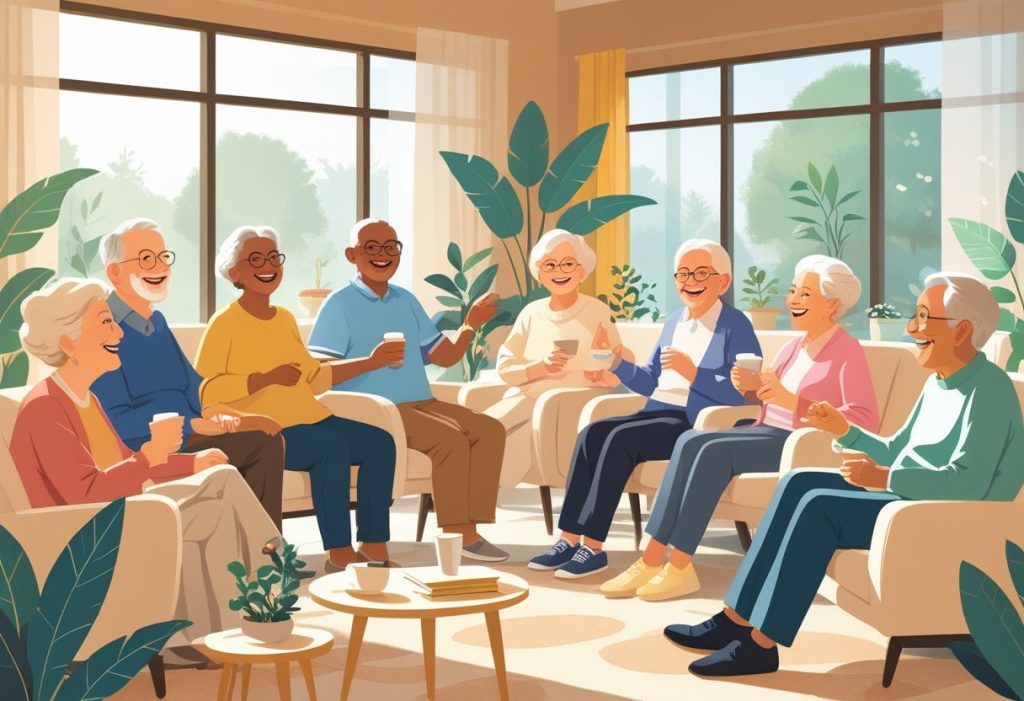 A group of happy senior people socializing and enjoying each other's company in a cozy community center.