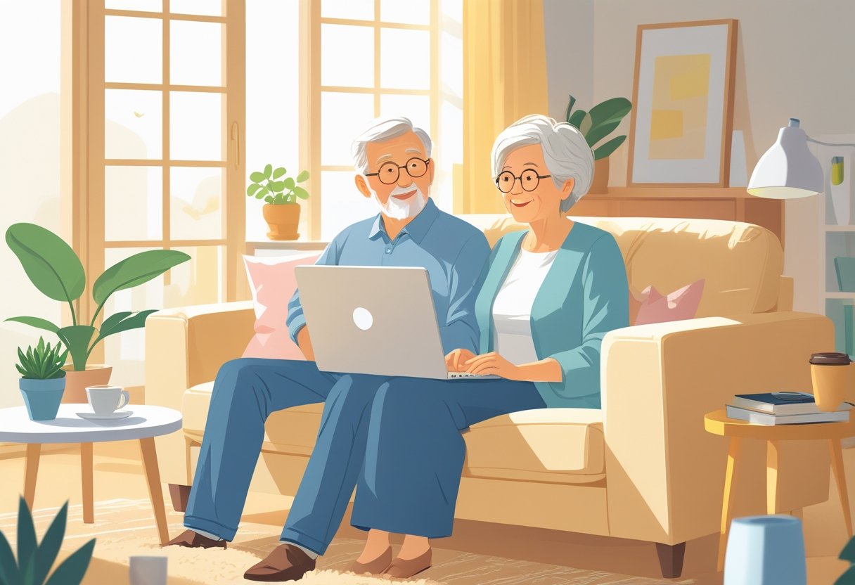 A senior couple sitting on a couch looking at a laptop with concerned expressions in a cozy living room.
