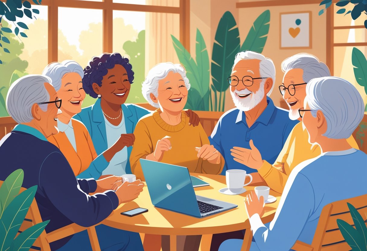 A group of smiling senior people socializing and using a laptop and smartphone in a cozy community setting.