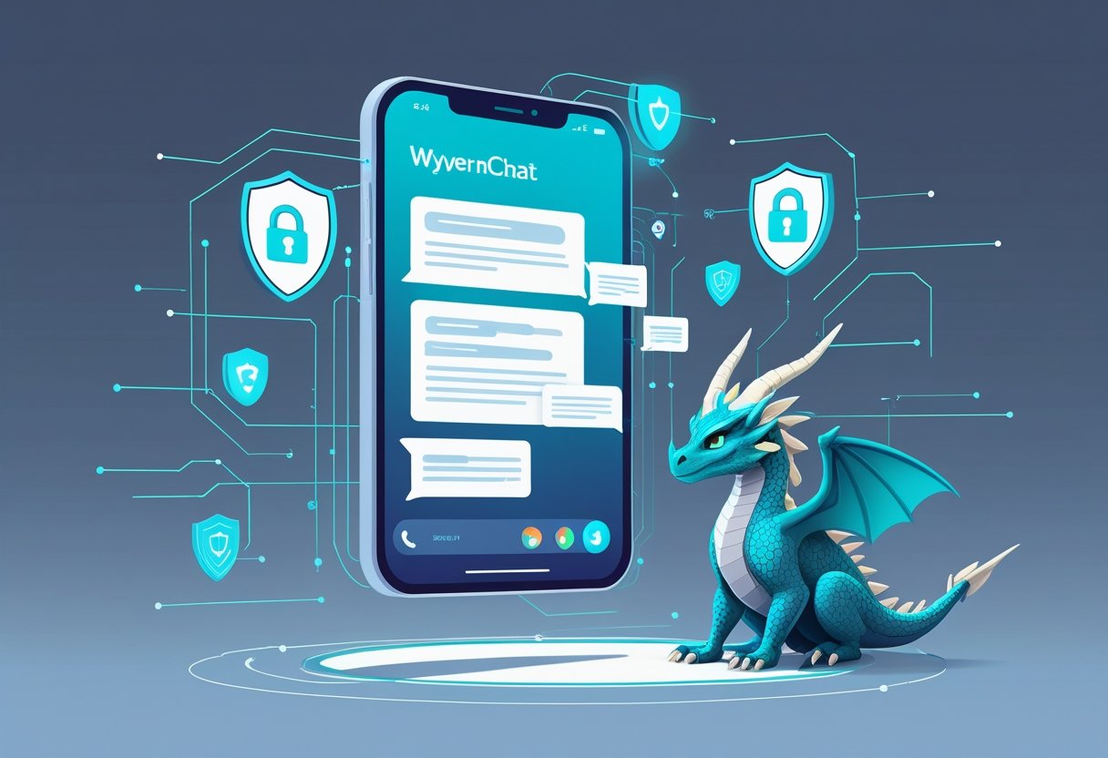 A futuristic digital chat screen surrounded by glowing shields and padlocks, with a small dragon-like creature nearby, symbolizing secure communication.