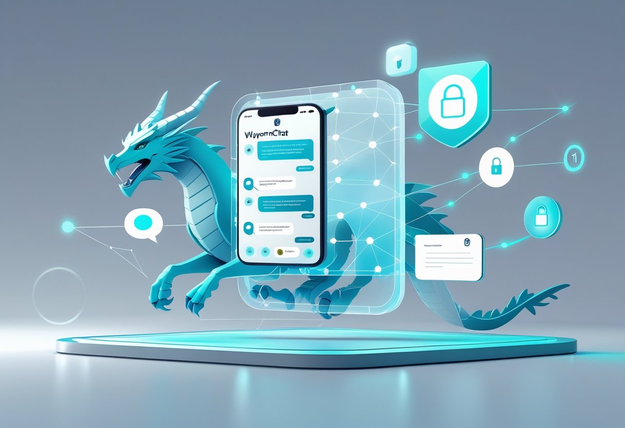 A digital chat interface surrounded by symbols of communication and security, with a stylized dragon figure in the background representing WyvernChat.