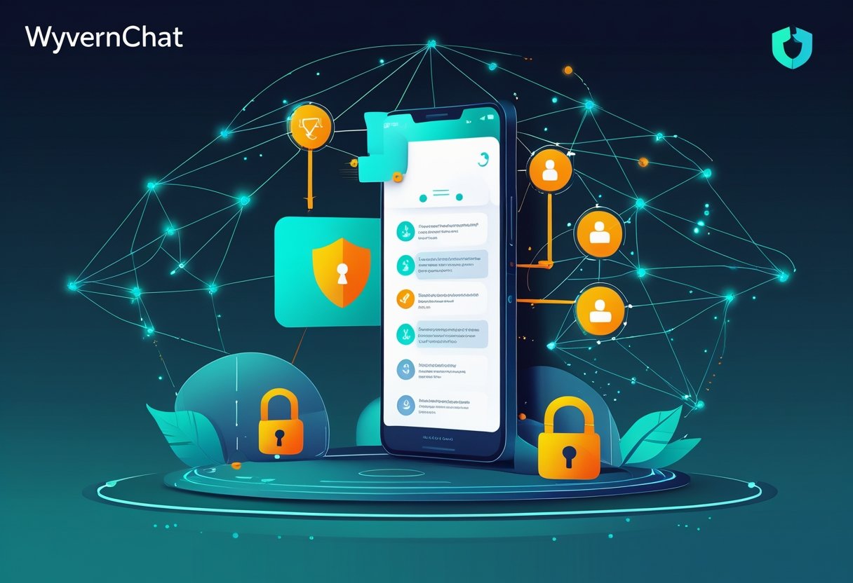 A digital illustration showing a chat interface on a device surrounded by symbols of privacy risks and protection, including locks, shields, and warning icons.