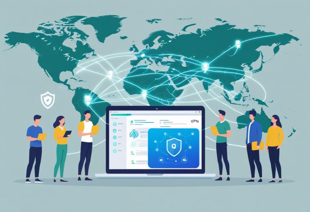People in different global locations connected by glowing lines around a laptop showing an AI interface, with symbols representing VPN security and a faint world map in the background.